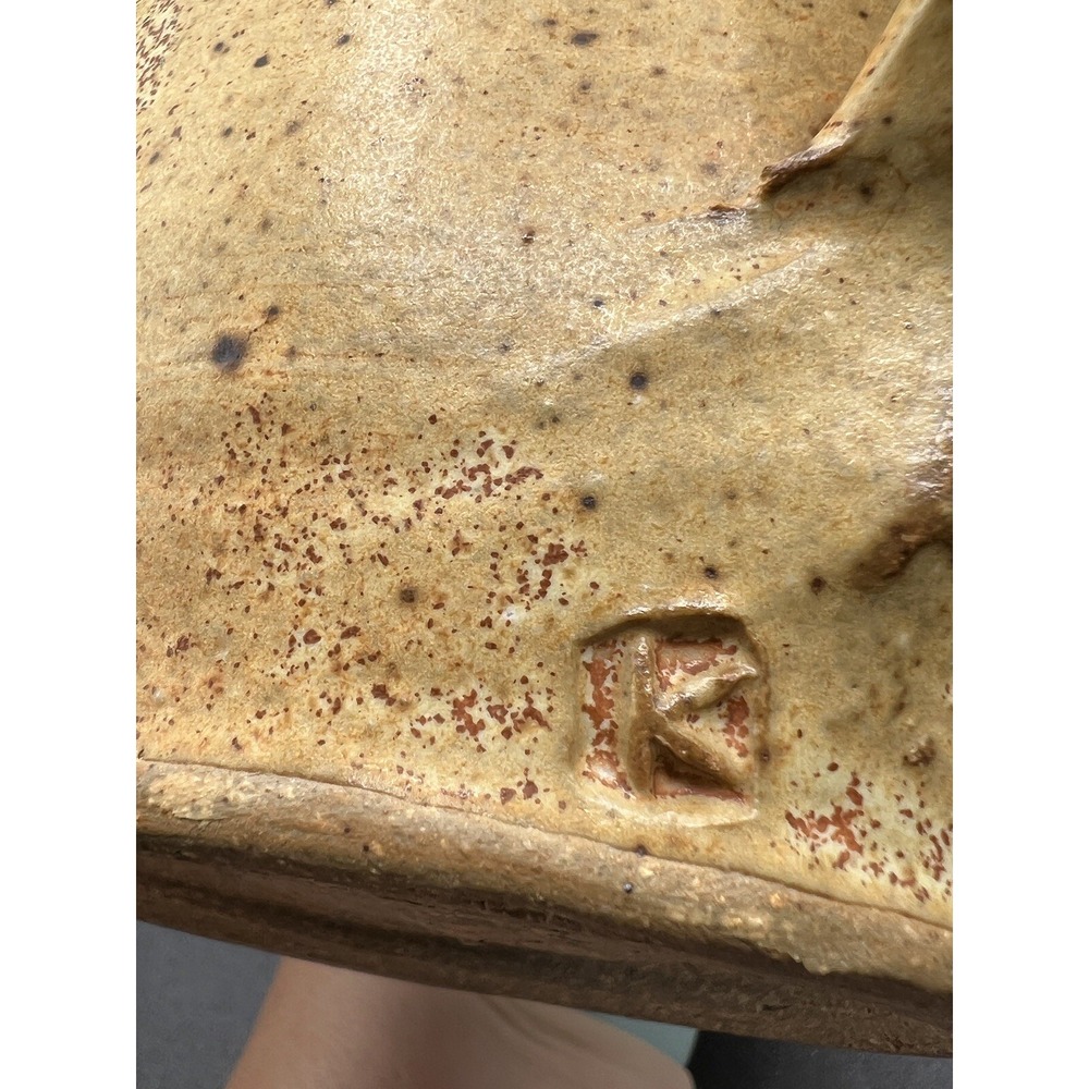 Studio Pottery Hand Thrown Pitcher Tan Brown Speckled Leaf Motif Signed K 7in - Picture 6 of 9